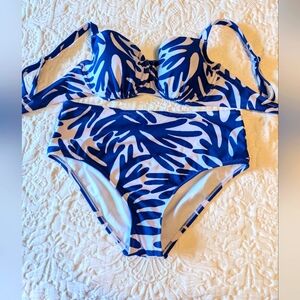 Blue coral pattern high waisted bikini